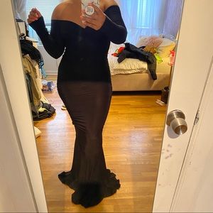 Black Bardot style fishtail Maxi Gown with Ruching